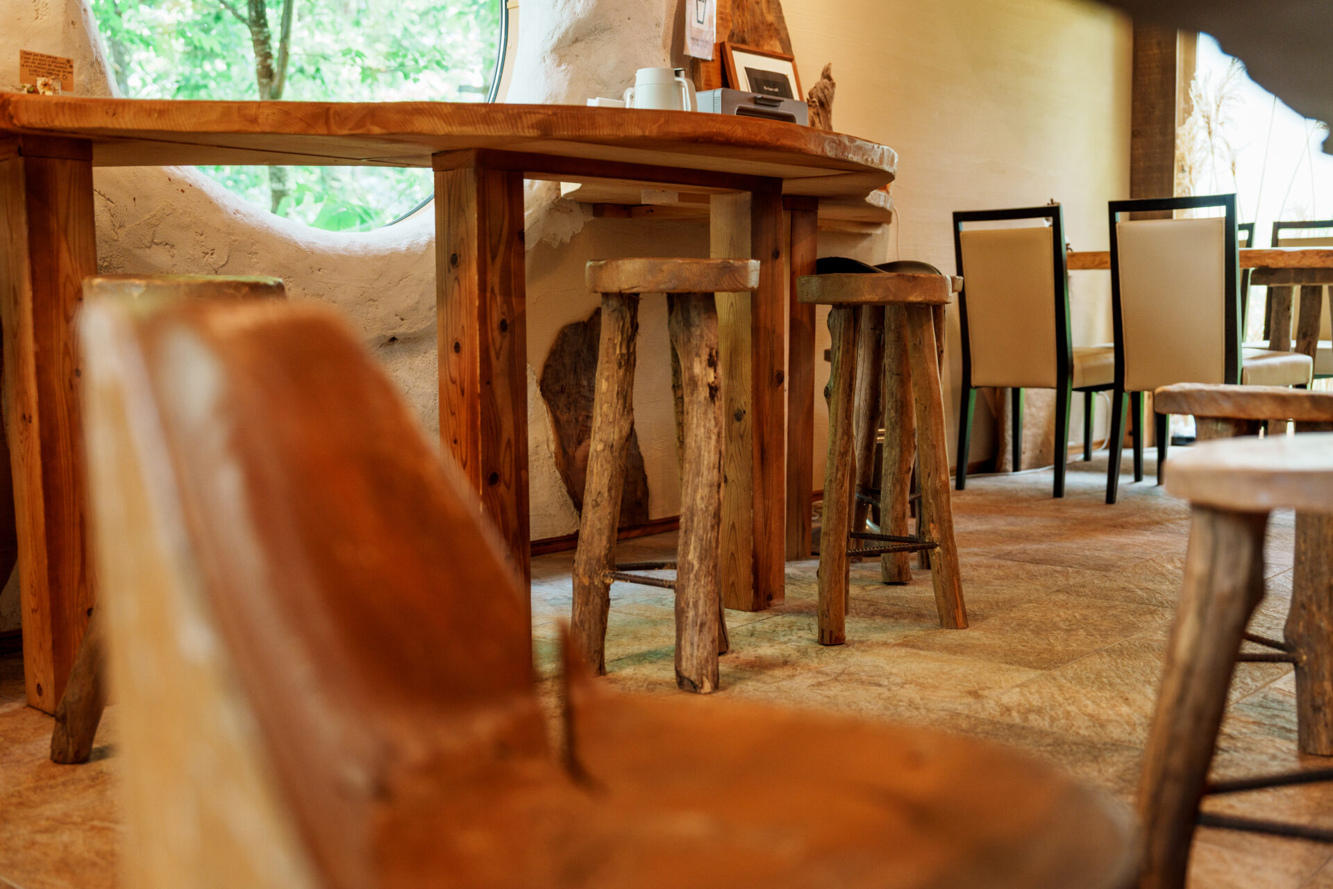 Wooden interior and furniture around the cafe